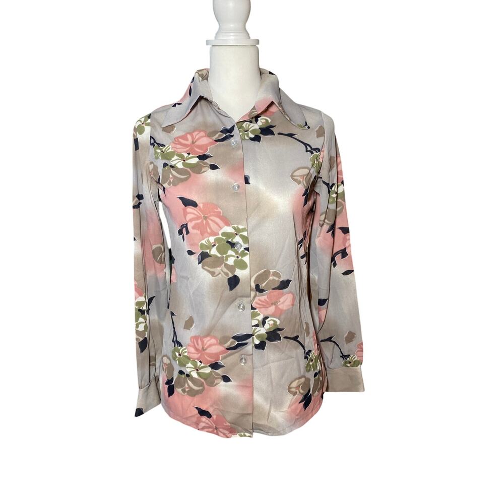 Vintage 70s NTC Fashions Floral Button Down Shirt Dagger Collar Pink Gray Sz 10